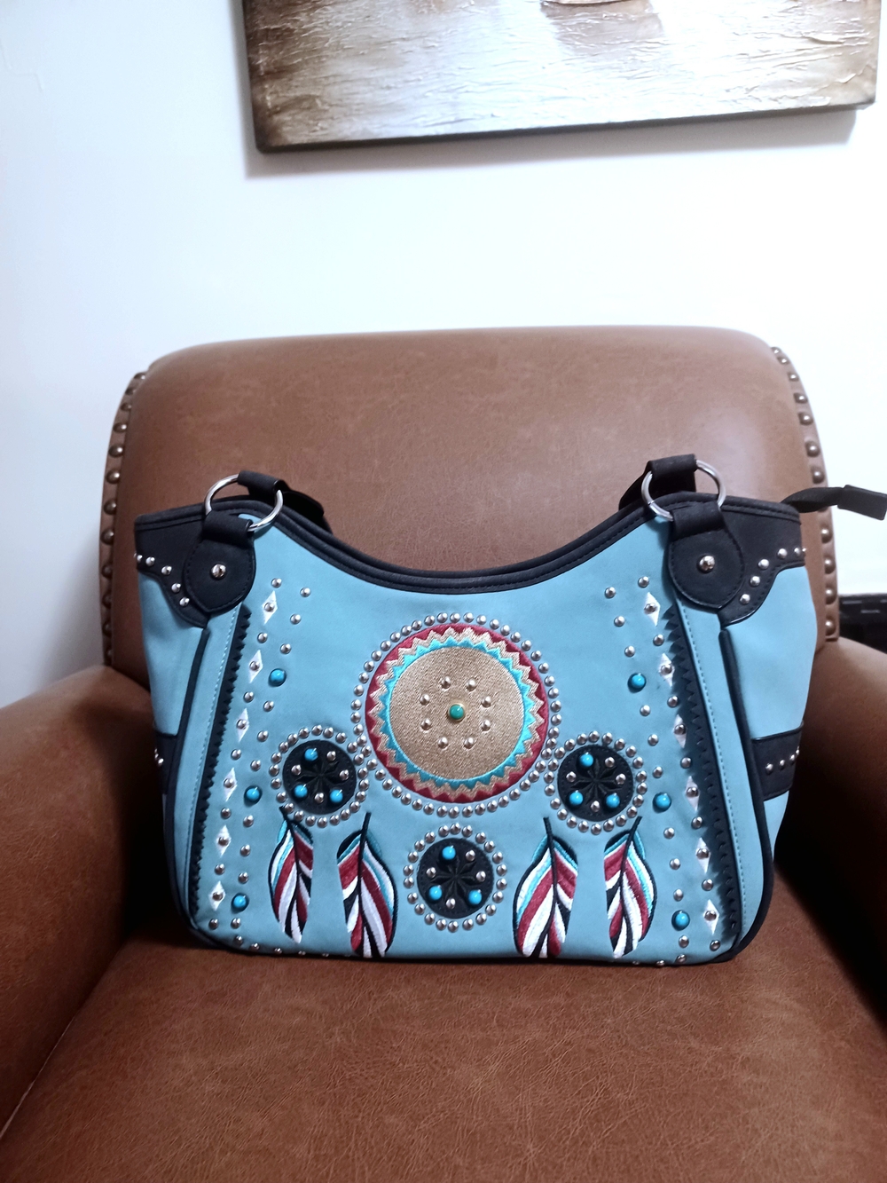 TURQOUISE EMBELLISHED DREAMCATCHER SHOULDER BAG